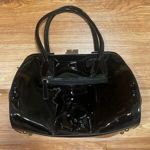 NWOT Unbranded Patent Leather Handbag, Snap Close, Black with Gold Metal Accents